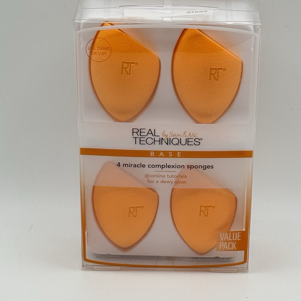 Real Techniques Makeup Sponge 4pc Set Miracle Complexion‎ Blender, Vegan, Orange